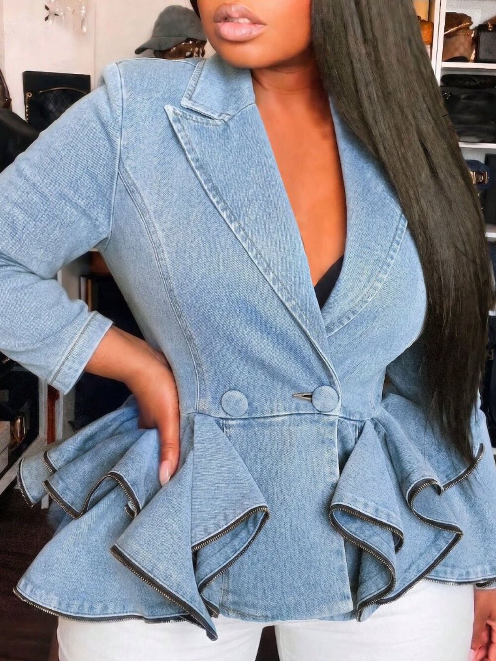 Blue Elegant Women's Denim Blazer Jacket